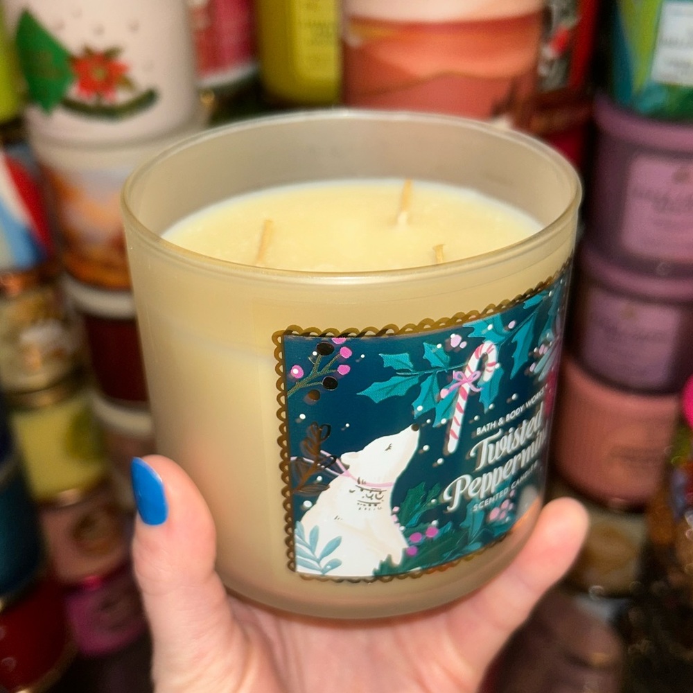 Bath and Body Works Twisted Peppermint 3 Wick Candle With Cute Polar Bear